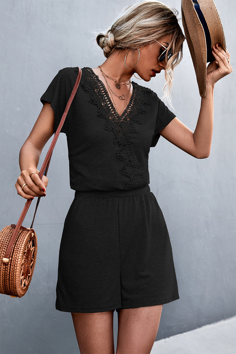 Lace Trim V-Neck Romper - Runway Frenzy 