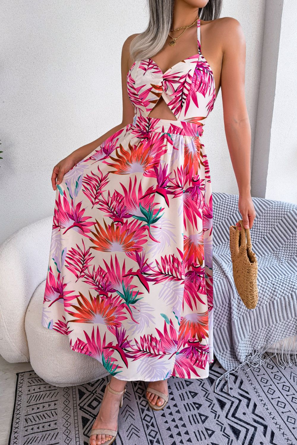 Botanical Print Tied Backless Cutout Slit Dress - Runway Frenzy