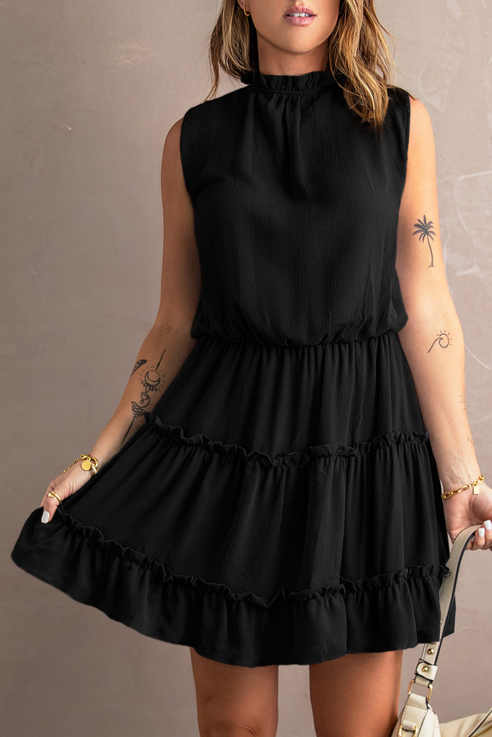 Tie Neck Frill Trim Sleeveless Mini Dress - Runway Frenzy 