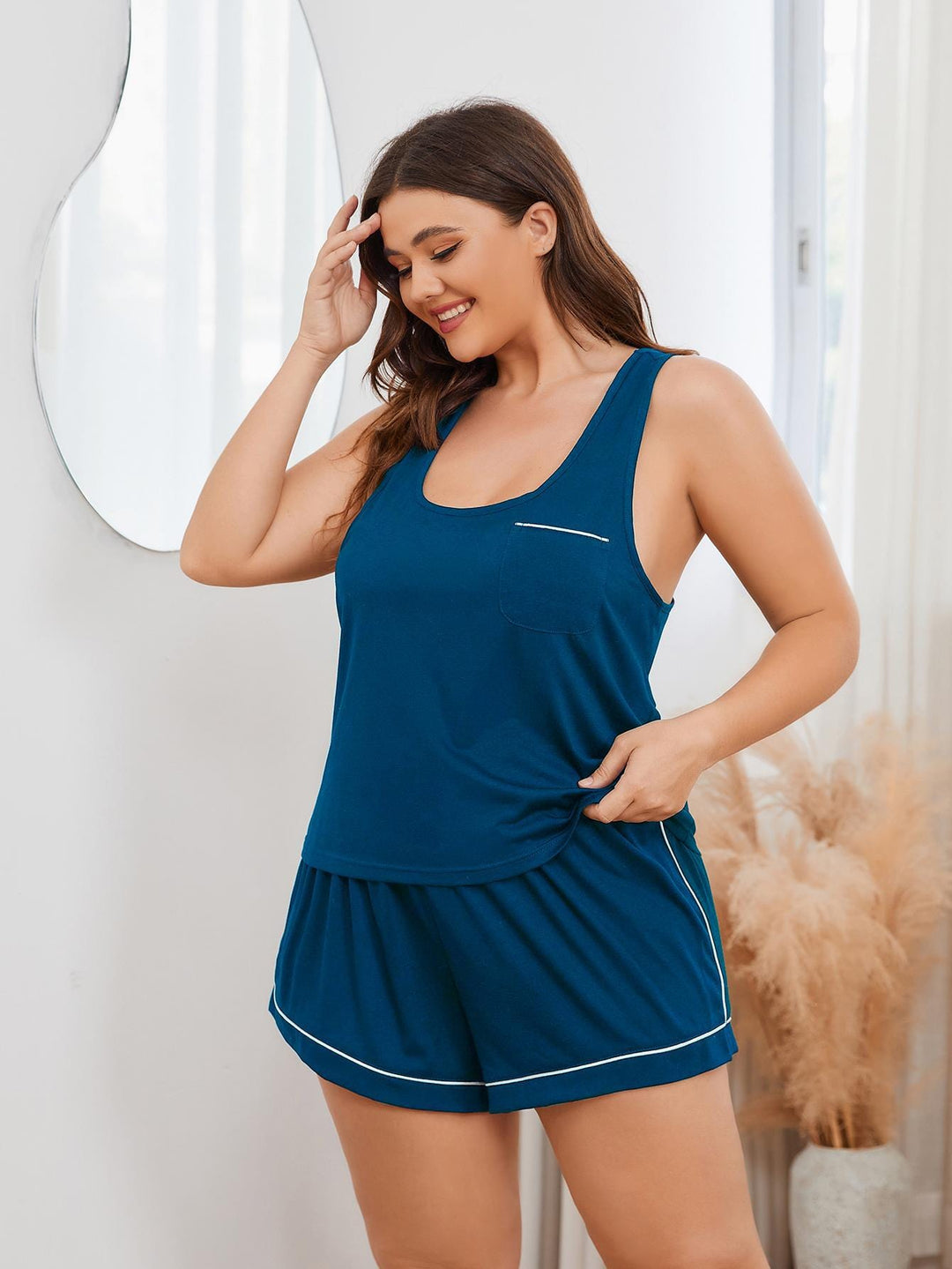 Plus Size Contrast Piping Racerback Tank and Shorts Lounge Set - Runway Frenzy 