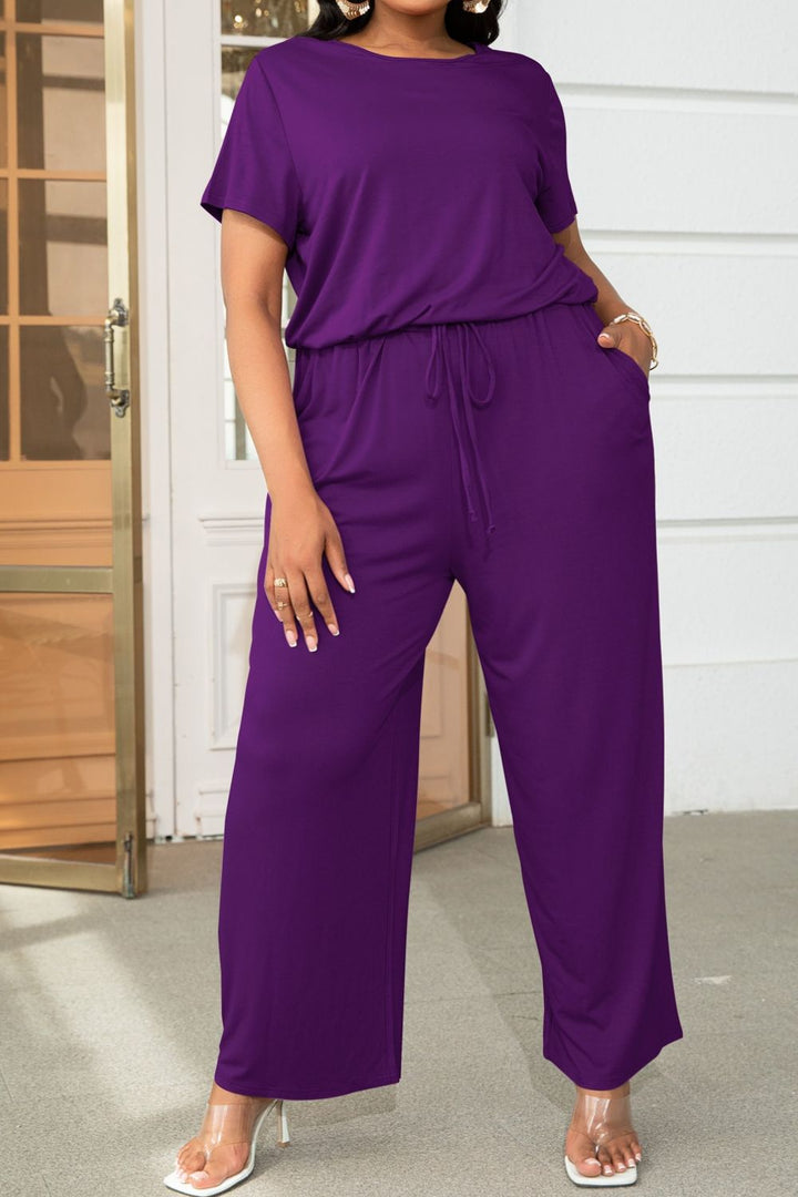 Plus Size Drawstring Waist Short Sleeve Jumpsuit - Runway Frenzy 