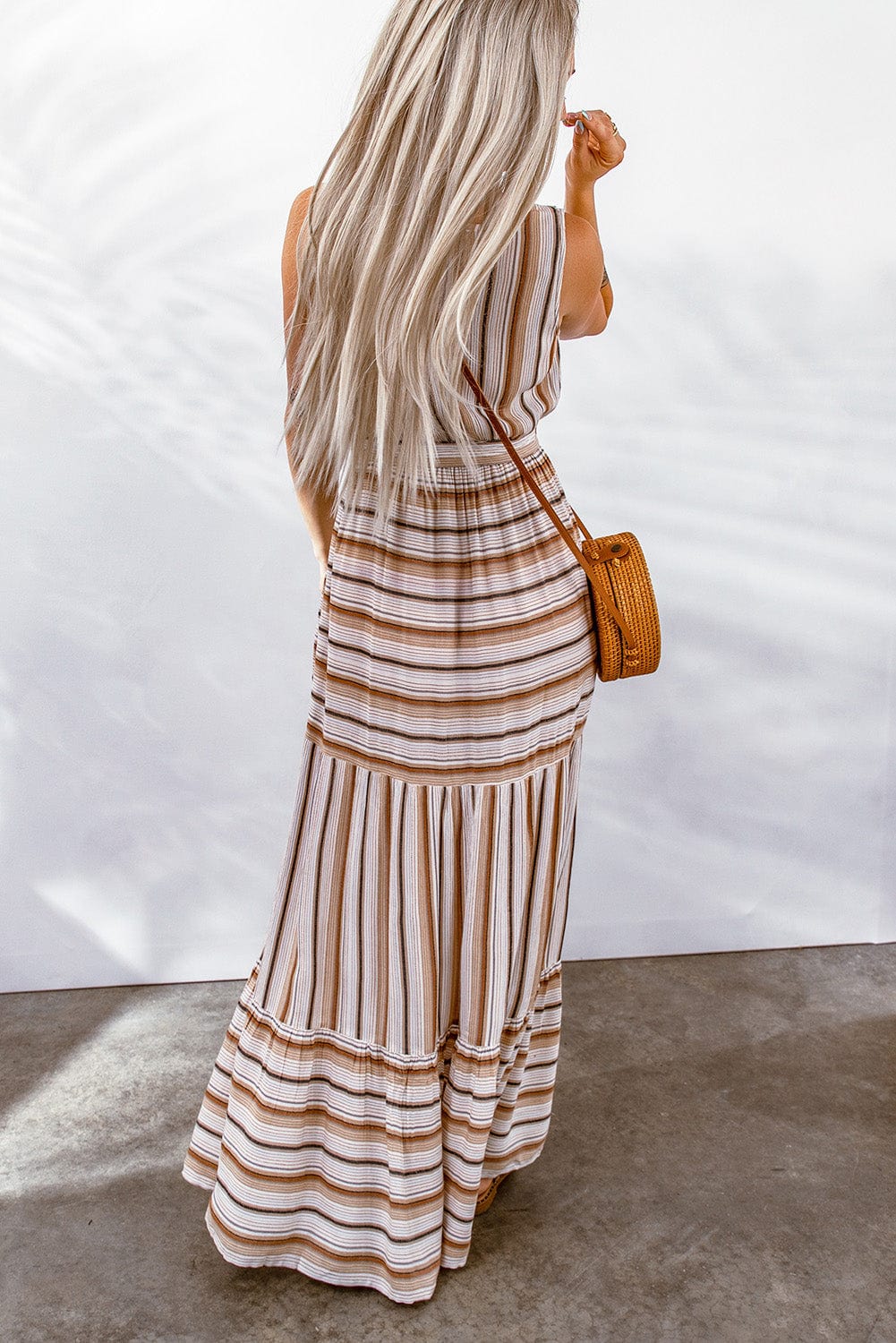 Striped Tie Waist Slit Sleeveless Dress - Runway Frenzy 