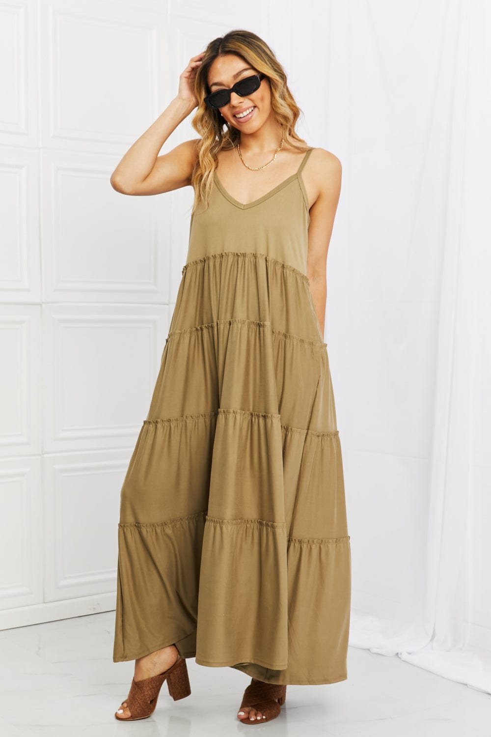 Zenana Full Size Spaghetti Strap Tiered Dress with Pockets in Khaki - Runway Frenzy 