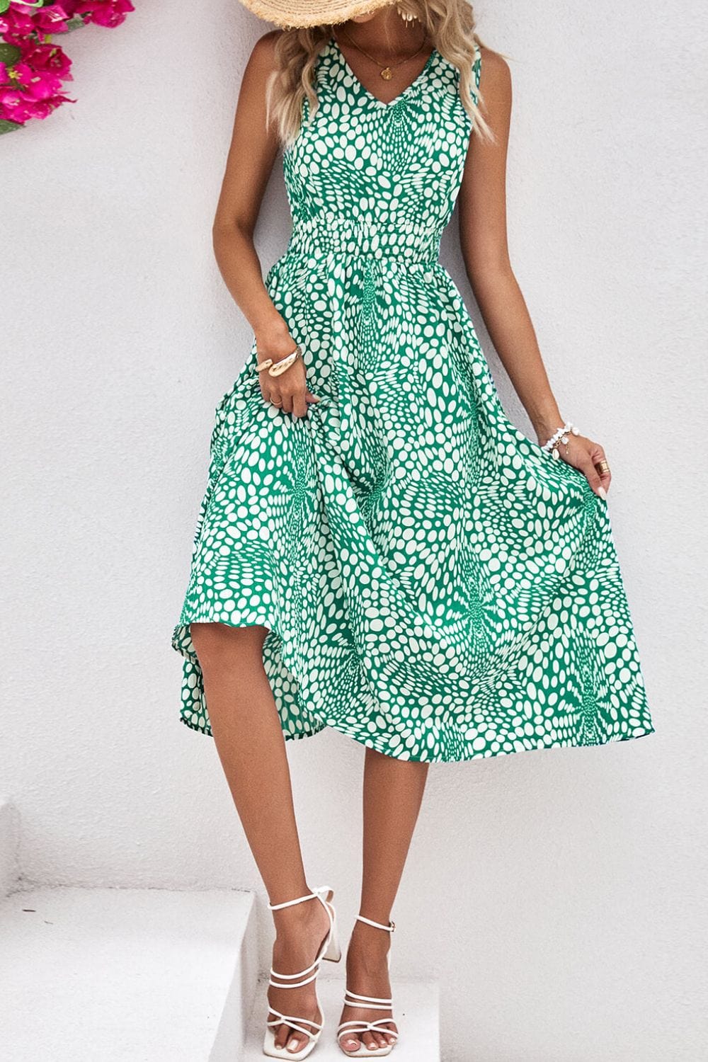 Printed V-Neck Sleeveless Dress - Runway Frenzy