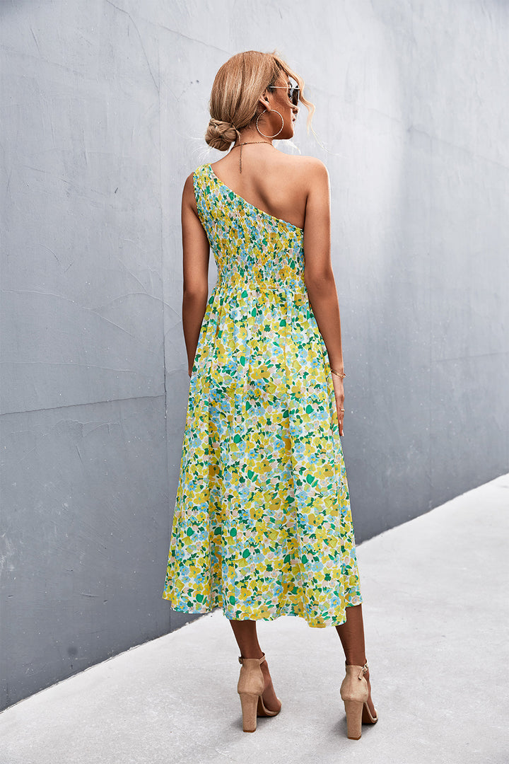 Floral Smocked One-Shoulder Midi Dress - Runway Frenzy