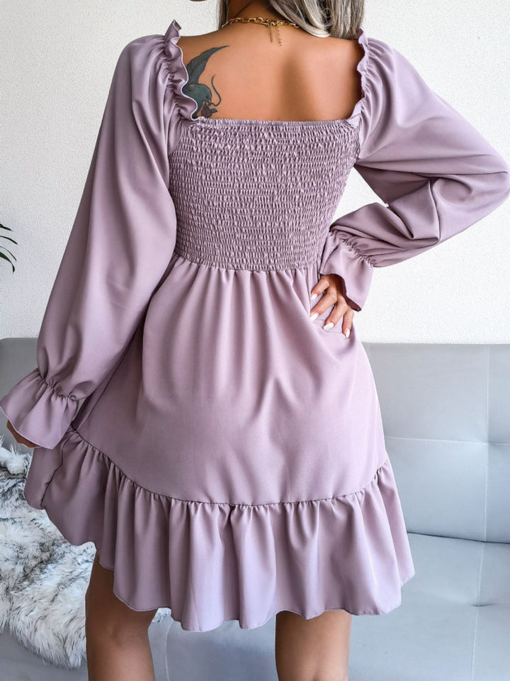 Smocked Flounce Sleeve Square Neck Dress - Runway Frenzy 