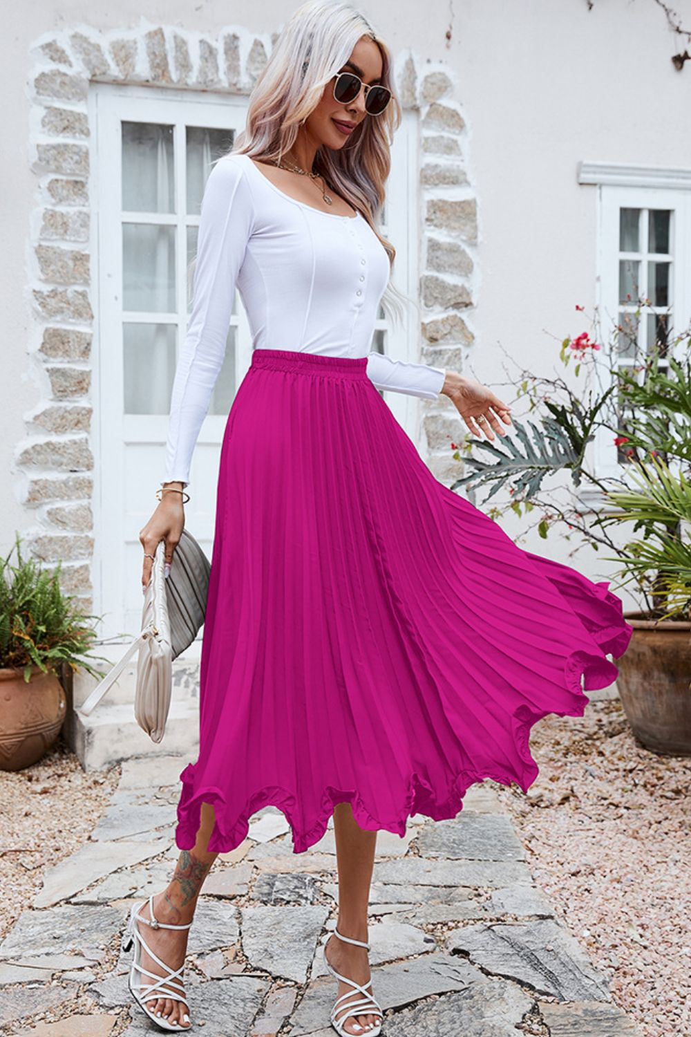 Frill Trim Smocked Waist Midi Skirt - Runway Frenzy