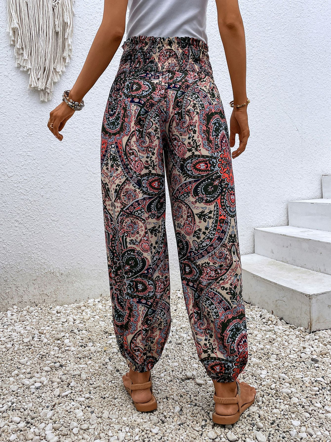 Paisley Print Smocked High-Waist Pants - Runway Frenzy 