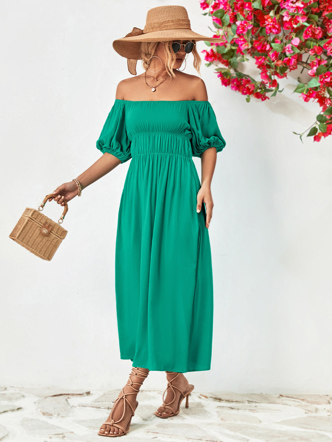 Off-Shoulder Balloon Sleeve Midi Dress - Runway Frenzy 