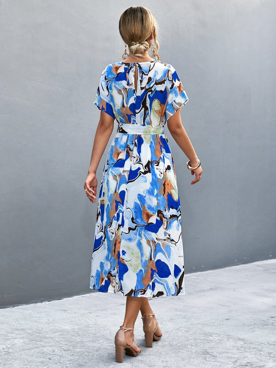 Round Neck Short Sleeve Tie Waist Midi Dress - Runway Frenzy 