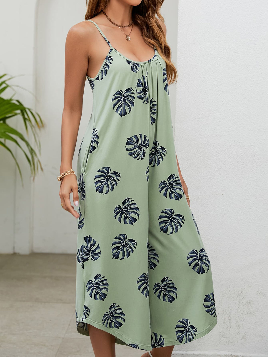 Botanical Print Spaghetti Strap Scoop Neck Jumpsuit - Runway Frenzy