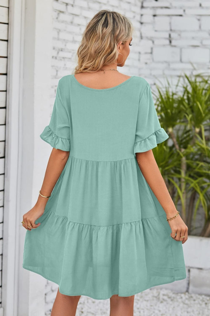 V-Neck Flounce Sleeve Tiered Dress - Runway Frenzy 