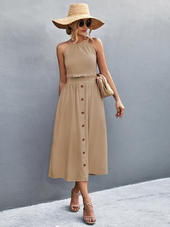 Buttoned Halter Neck Frill Trim Midi Dress - Runway Frenzy