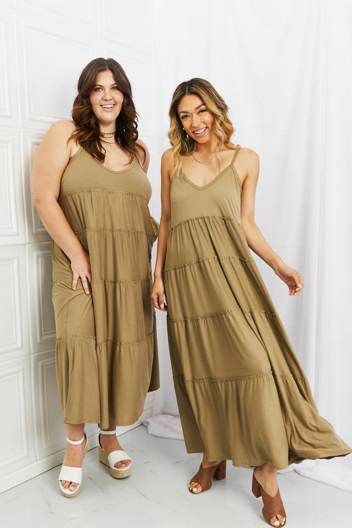 Zenana Full Size Spaghetti Strap Tiered Dress with Pockets in Khaki - Runway Frenzy 