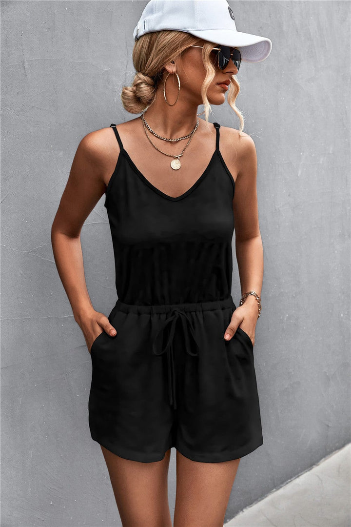 Spaghetti Strap V-Neck Pocket Romper - Runway Frenzy 