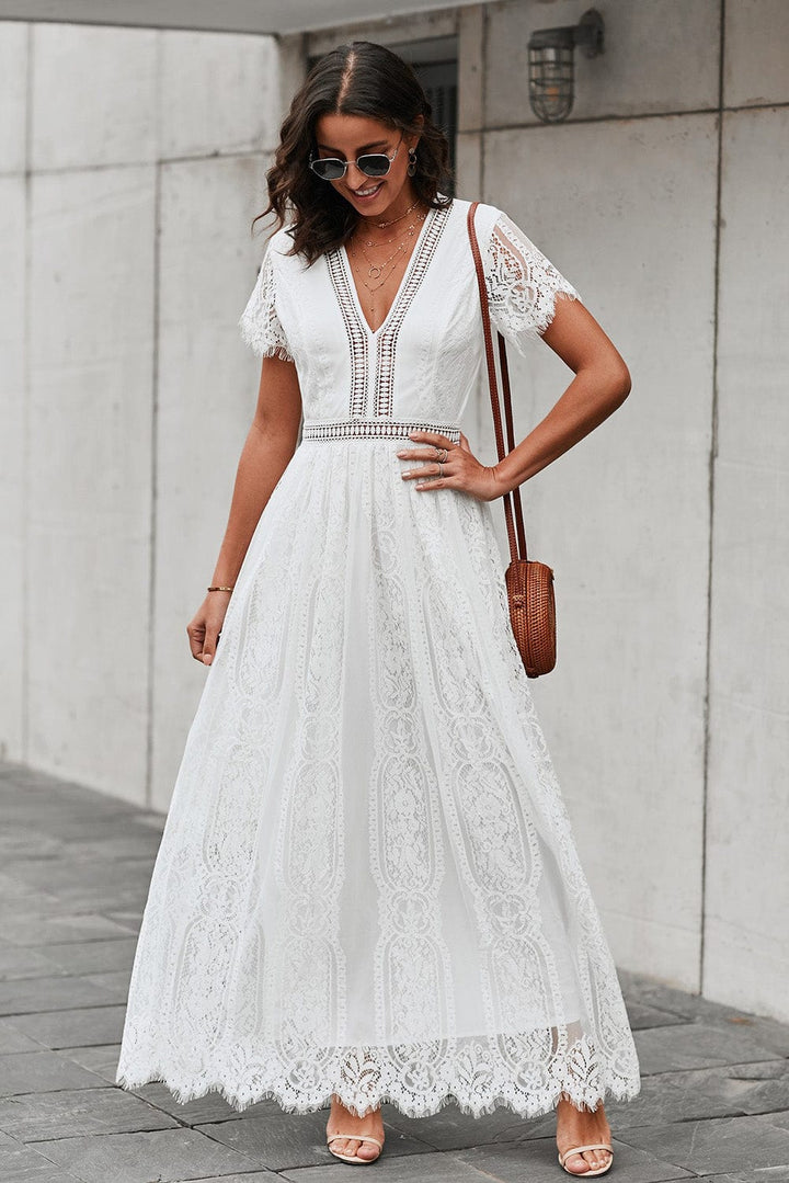 Scalloped Trim Lace Plunge Dress - Runway Frenzy 