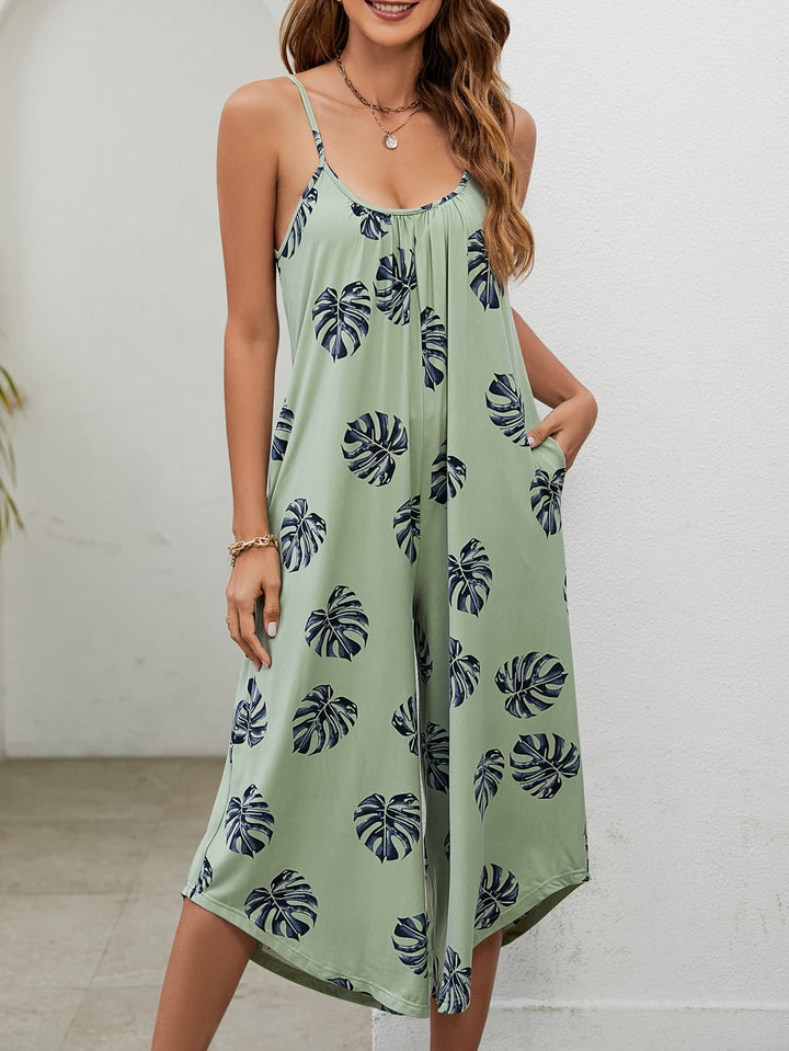 Botanical Print Spaghetti Strap Scoop Neck Jumpsuit - Runway Frenzy