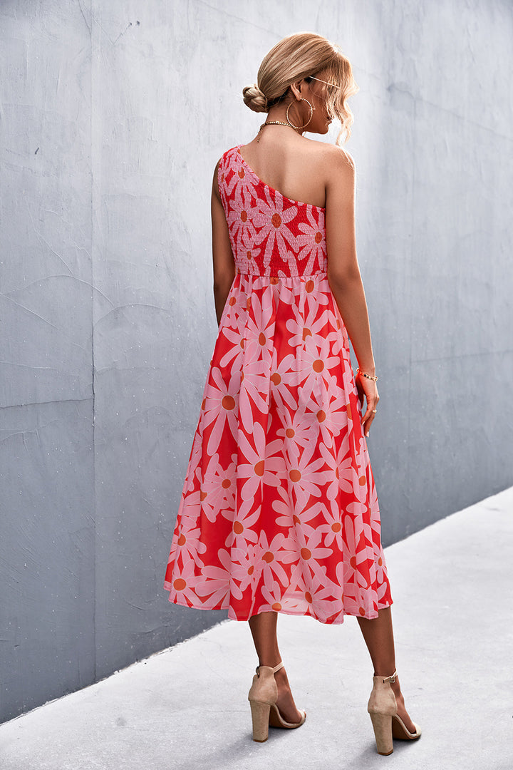 Floral Smocked One-Shoulder Midi Dress - Runway Frenzy