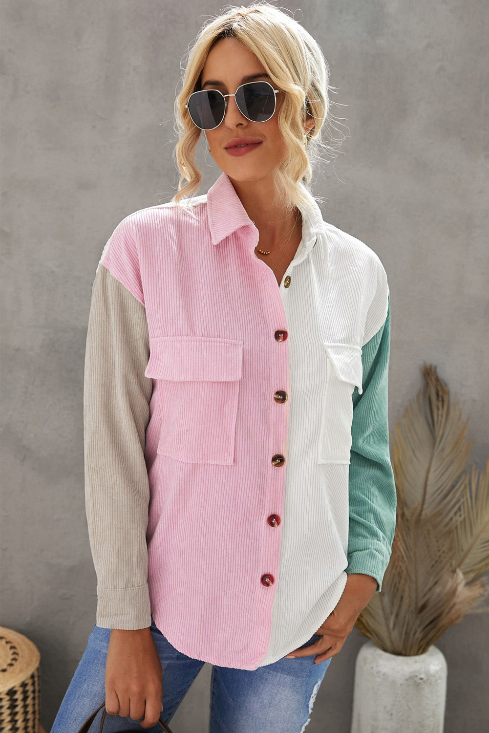 Color Block Button Front Shirt with Pockets - Runway Frenzy