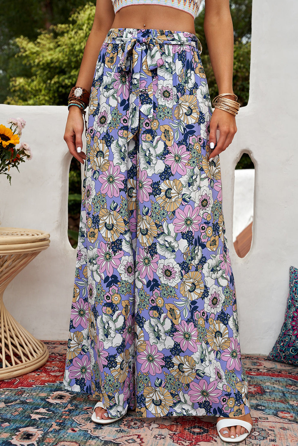 Floral Tie Belt Wide Leg Pants - Runway Frenzy