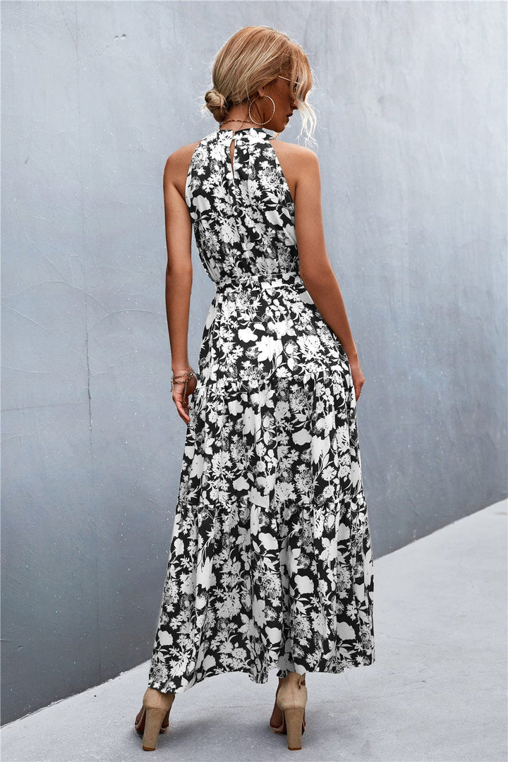 Printed Sleeveless Tie Waist Maxi Dress - Runway Frenzy 