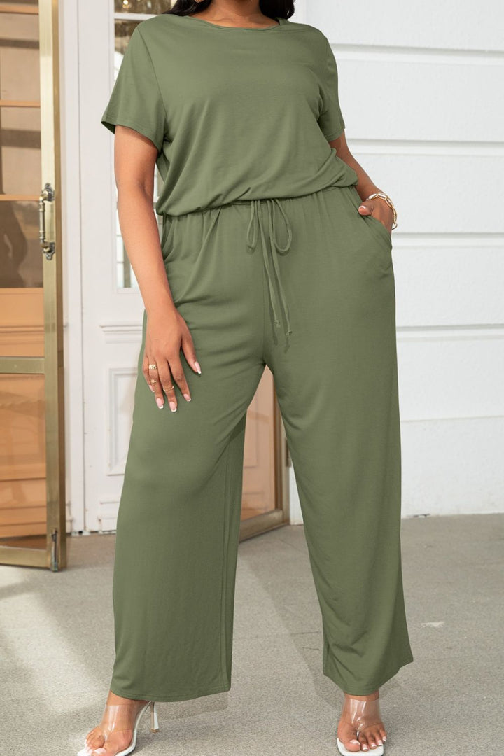 Plus Size Drawstring Waist Short Sleeve Jumpsuit - Runway Frenzy 