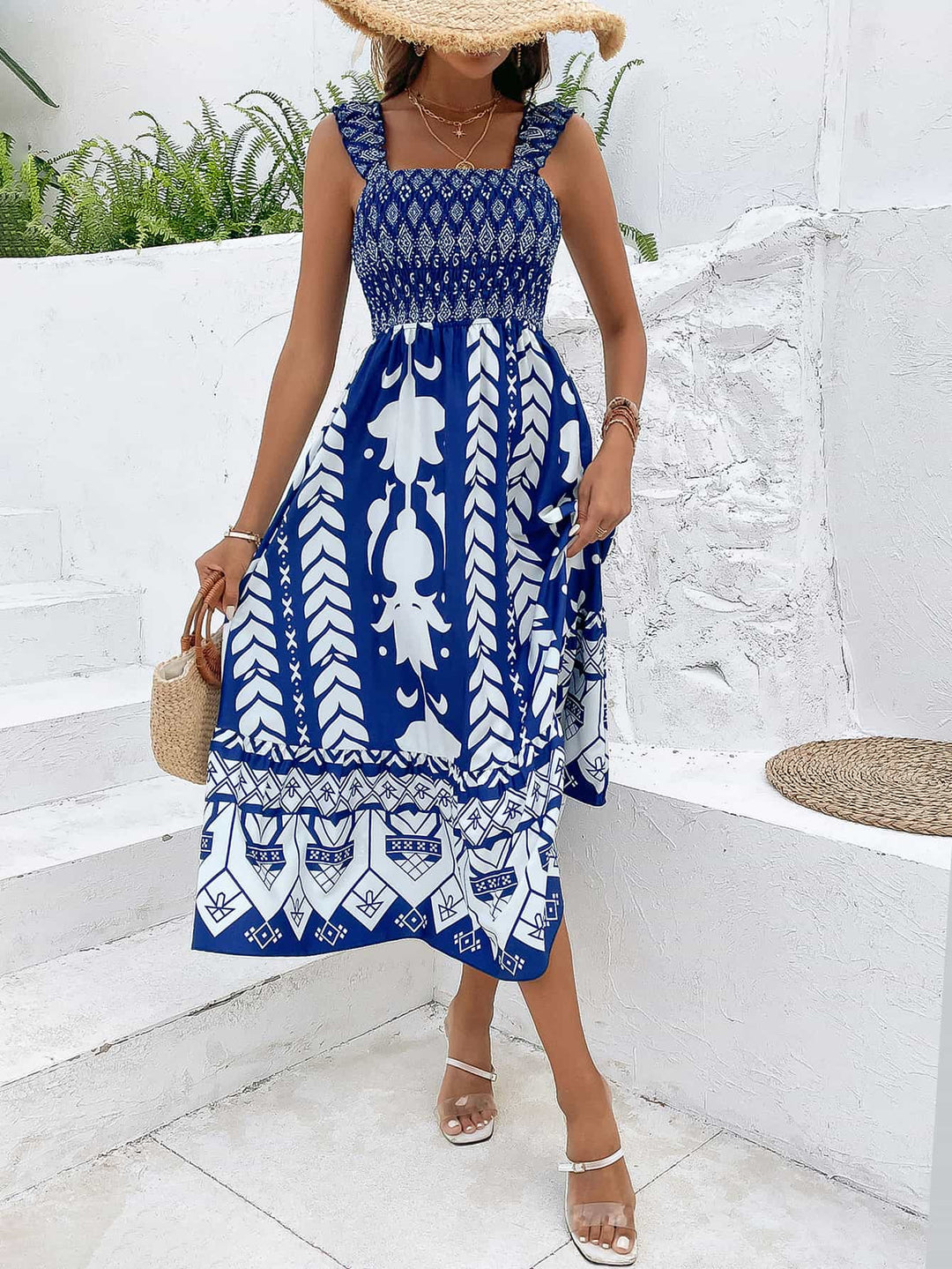 Printed Square Neck Sleeveless Midi Dress - Runway Frenzy