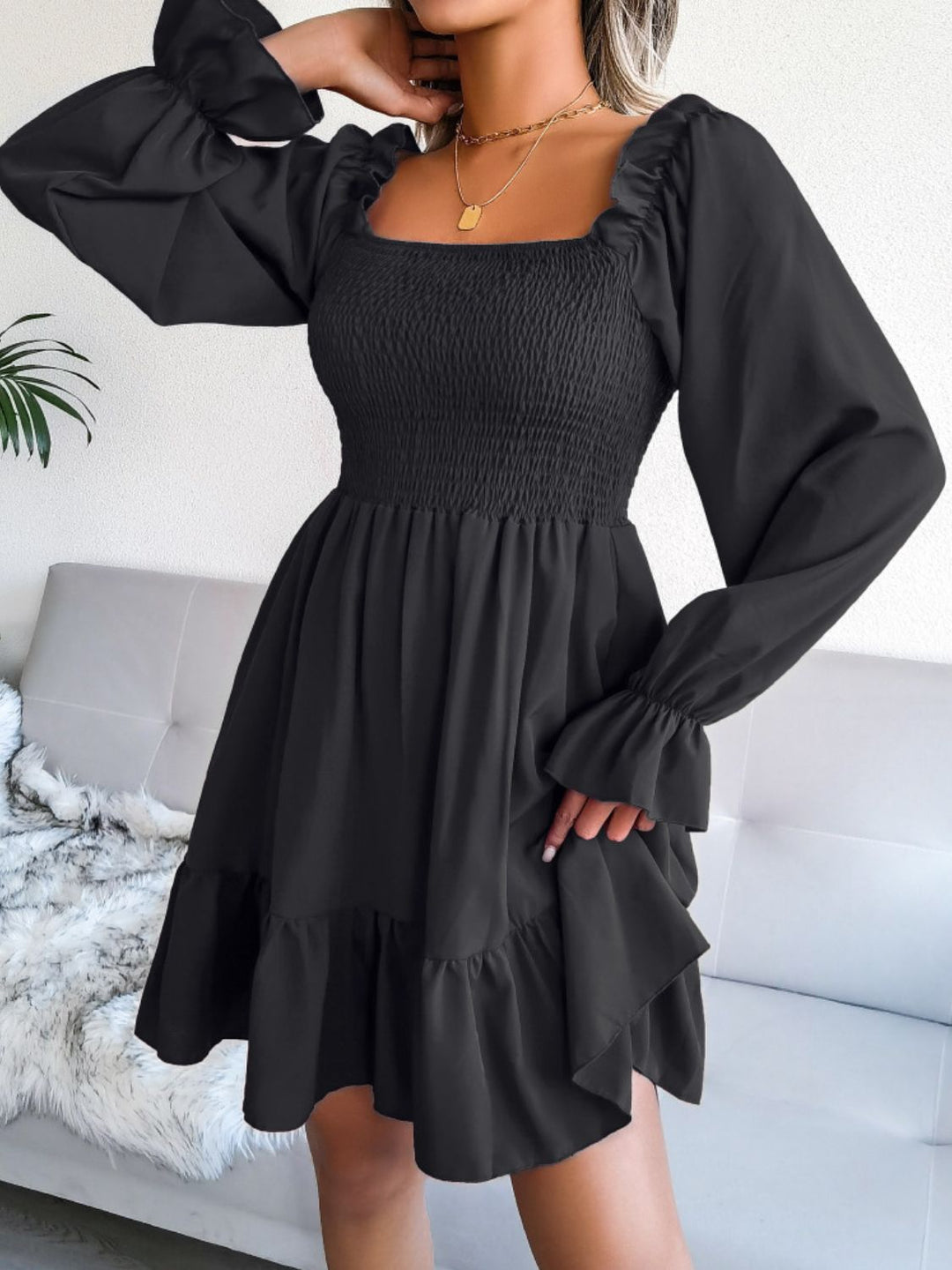 Smocked Flounce Sleeve Square Neck Dress - Runway Frenzy 