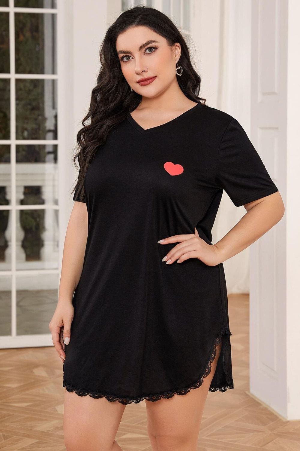 Plus Size Lace Trim V-Neck Short Sleeve Night Dress - Runway Frenzy 