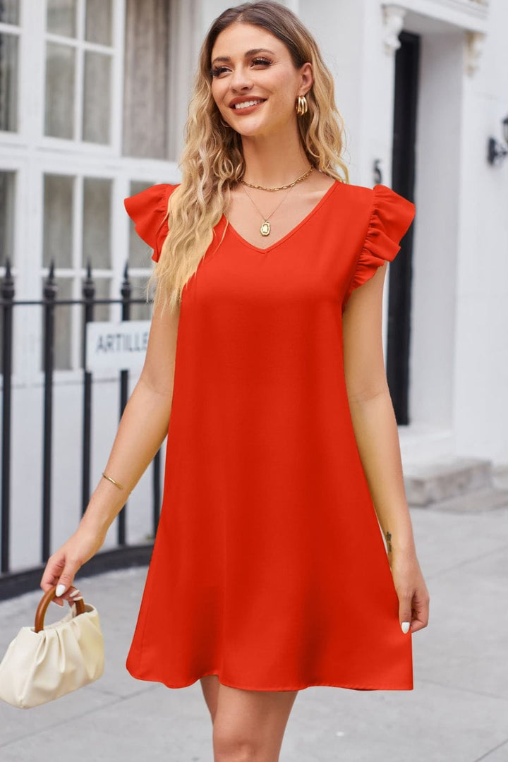 Ruffled V-Neck Flutter Sleeve Dress - Runway Frenzy 