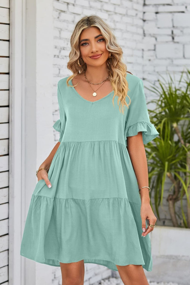 V-Neck Flounce Sleeve Tiered Dress - Runway Frenzy 