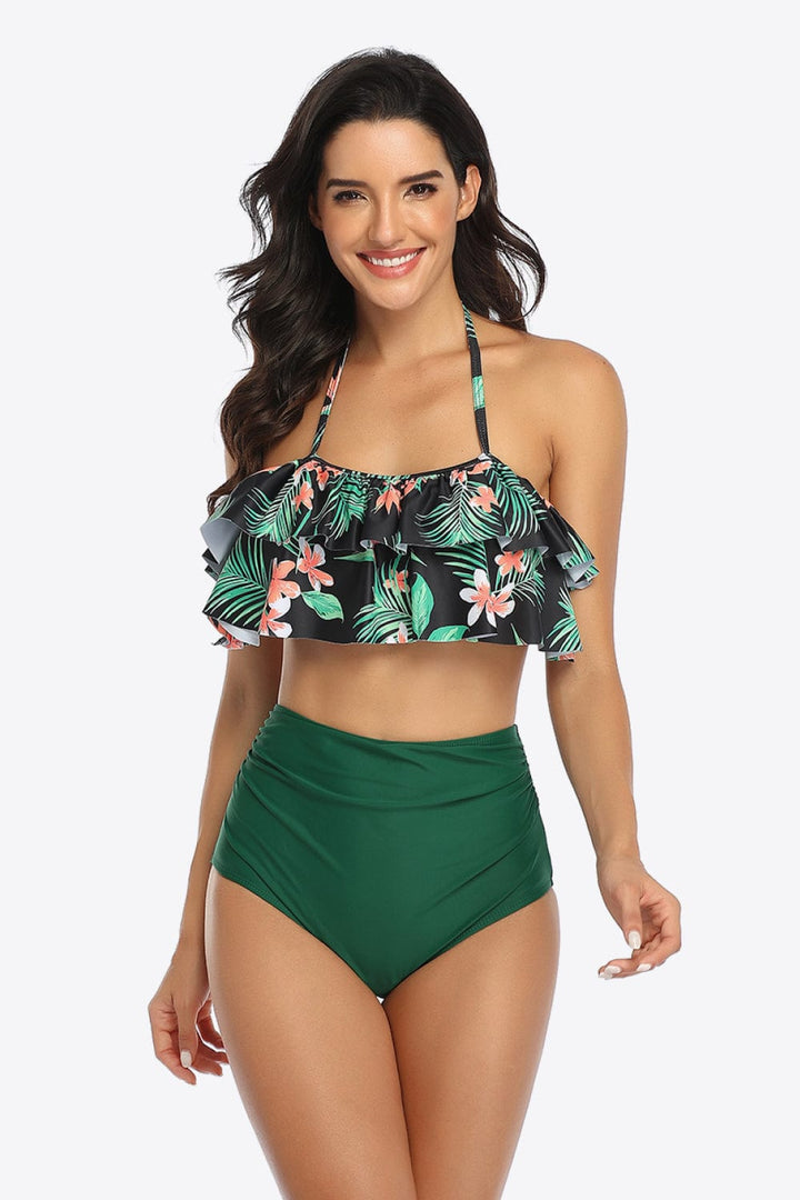 Two-Tone Ruffled Halter Neck Two-Piece Swimsuit - Runway Frenzy 