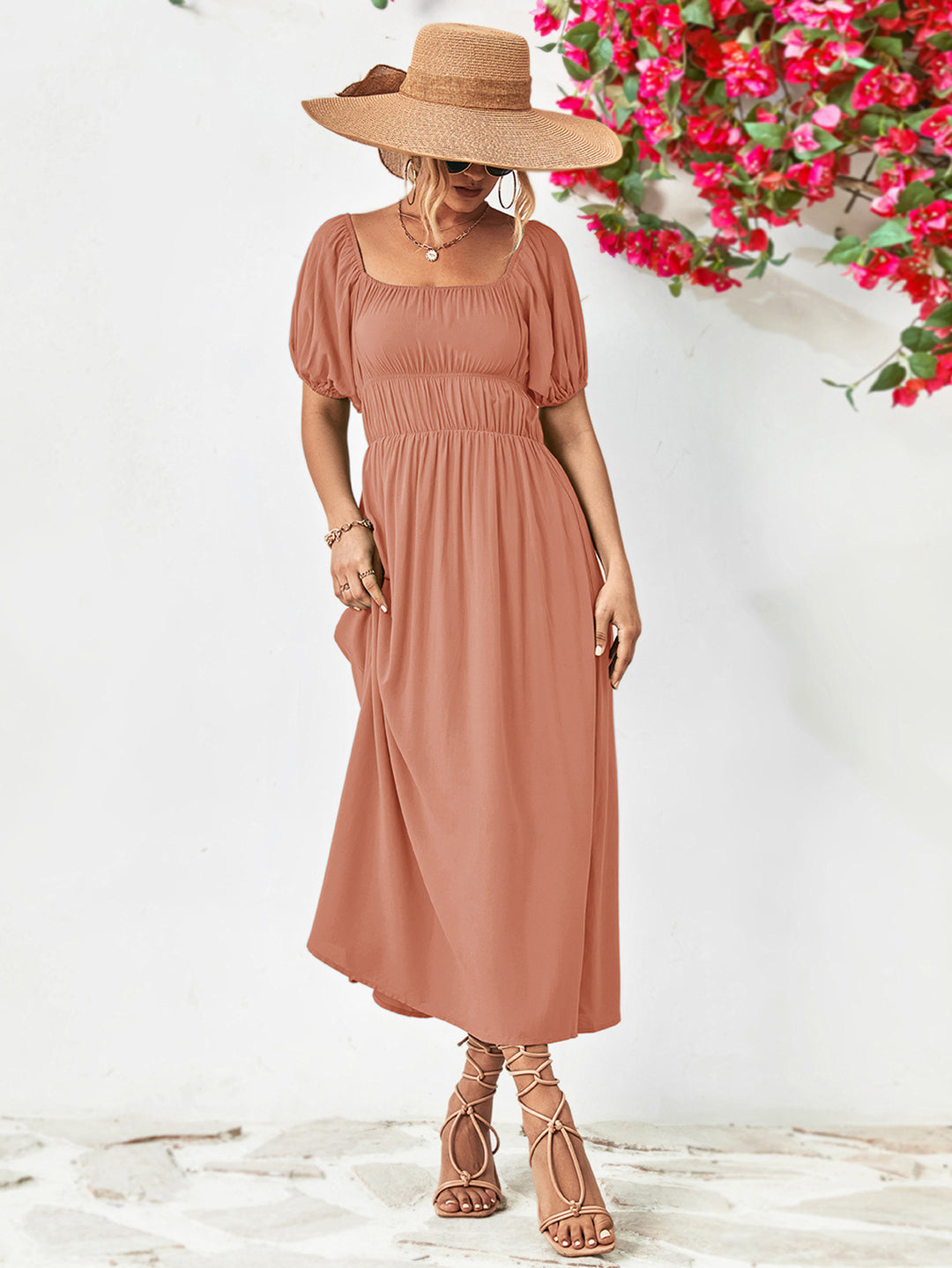 Off-Shoulder Balloon Sleeve Midi Dress - Runway Frenzy 