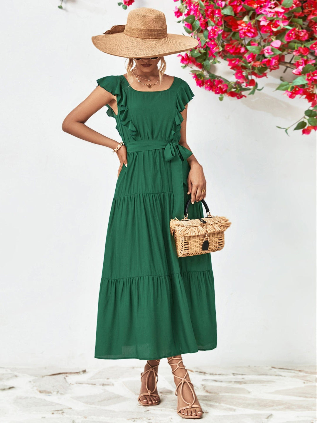 Tie Belt Ruffled Tiered Dress - Runway Frenzy 