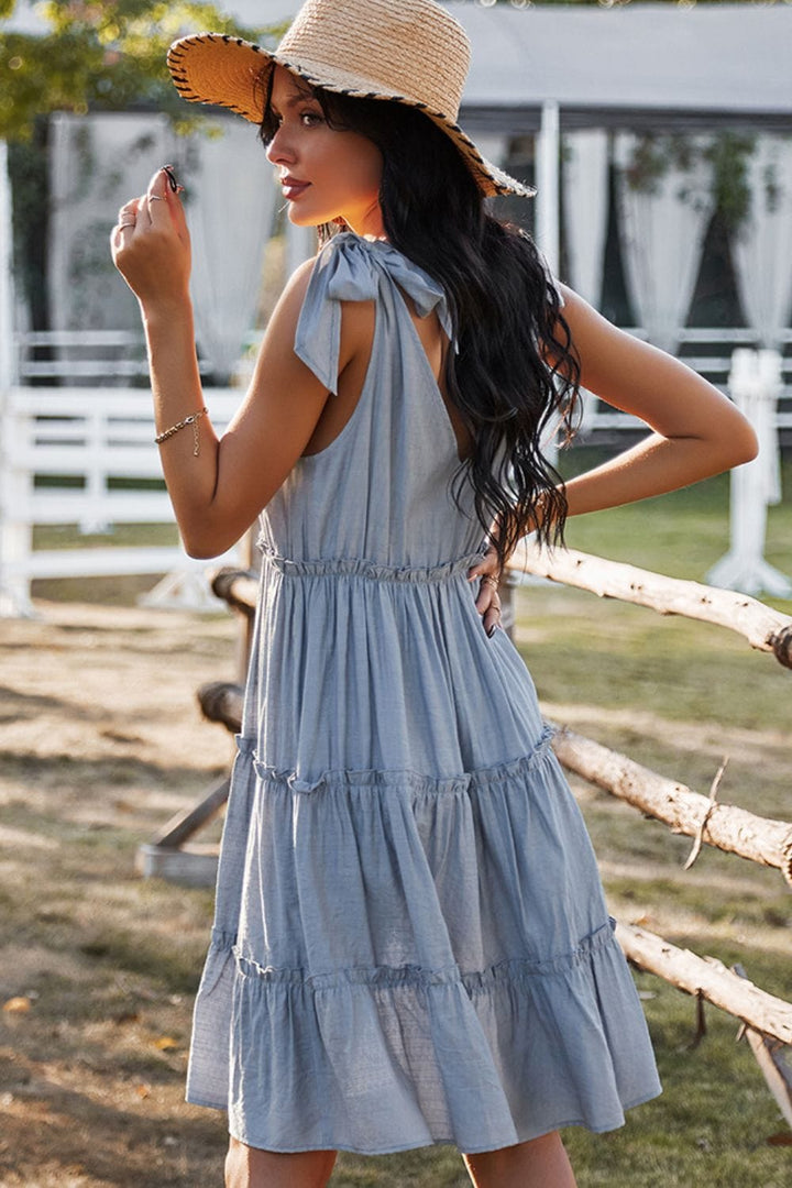 Tie-Shoulder Decorative Button V-Neck Dress - Runway Frenzy 