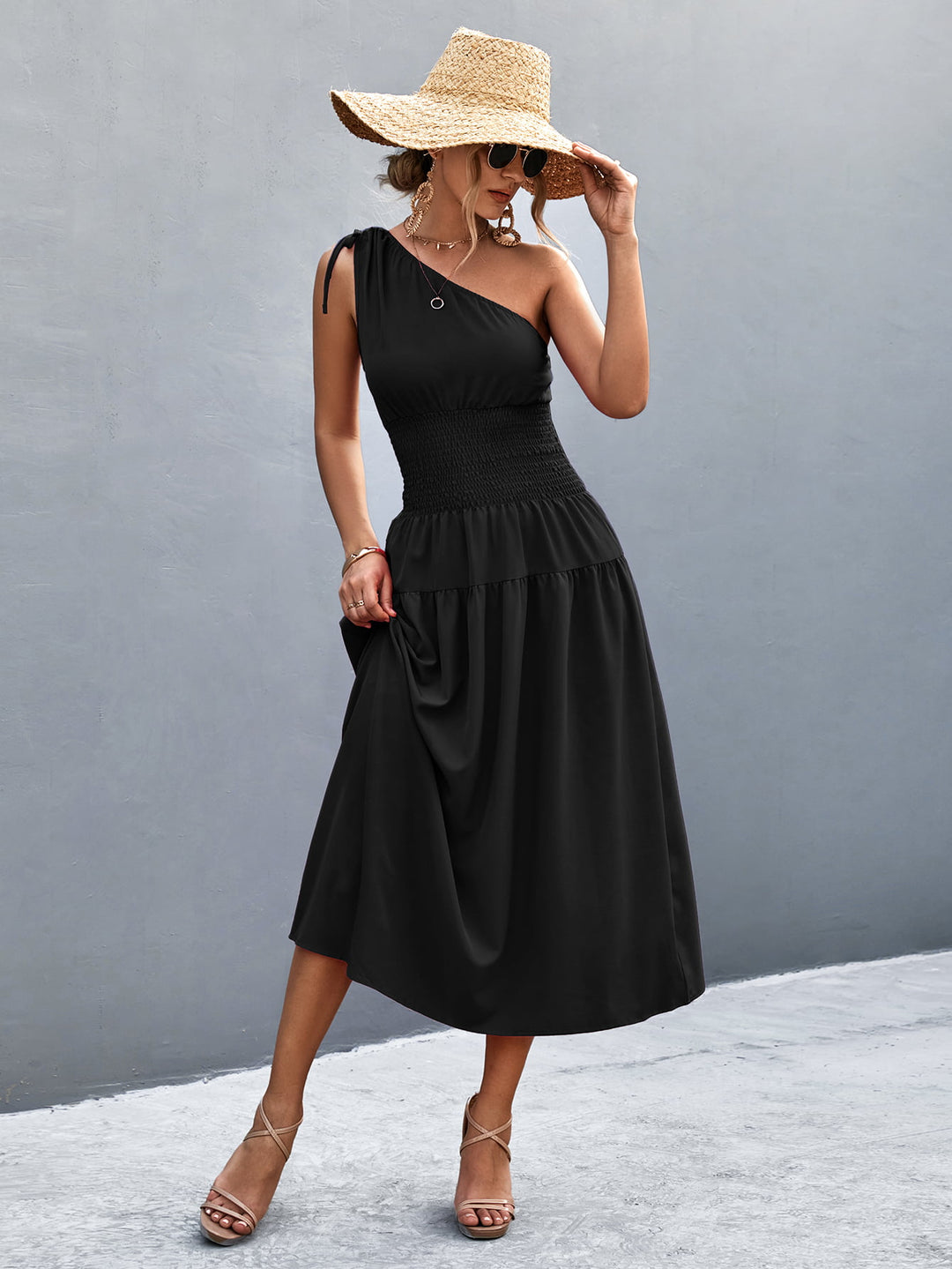 Asymmetrical One Shoulder Smocked Waist Midi Dress - Runway Frenzy