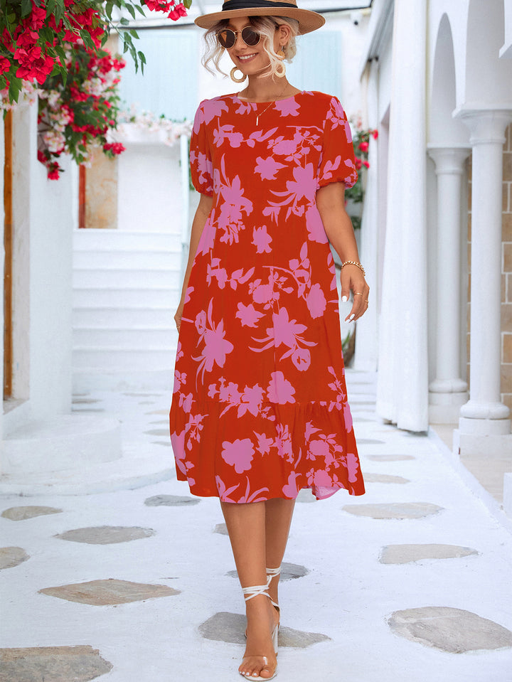 Floral Puff Sleeve Ruffle Hem Midi Dress - Runway Frenzy