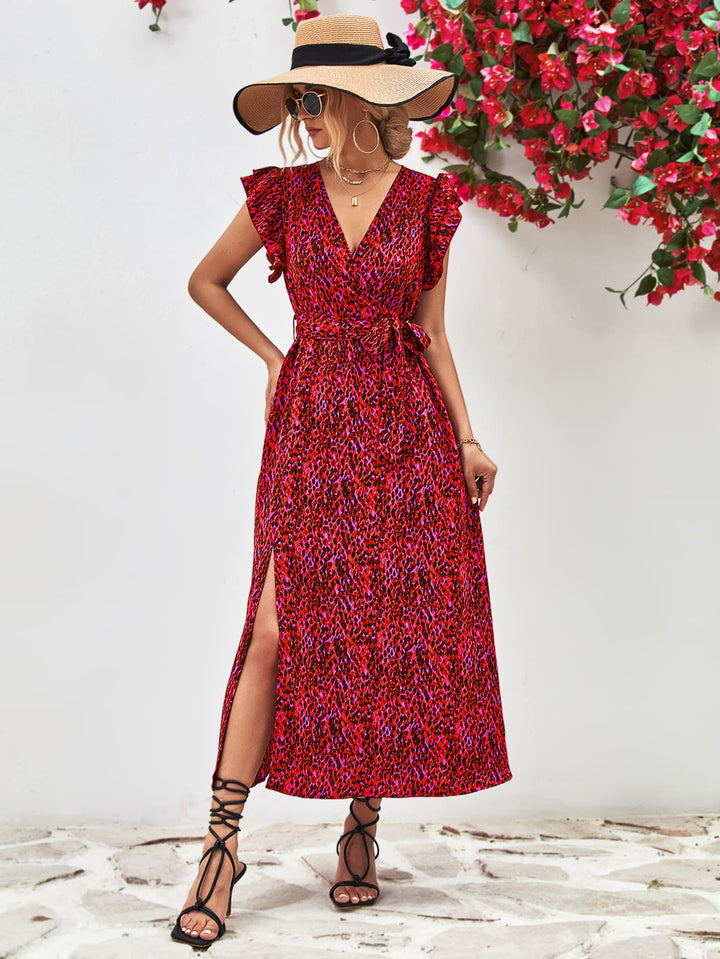 Printed Surplice Neck Flutter Sleeve Slit Dress - Runway Frenzy