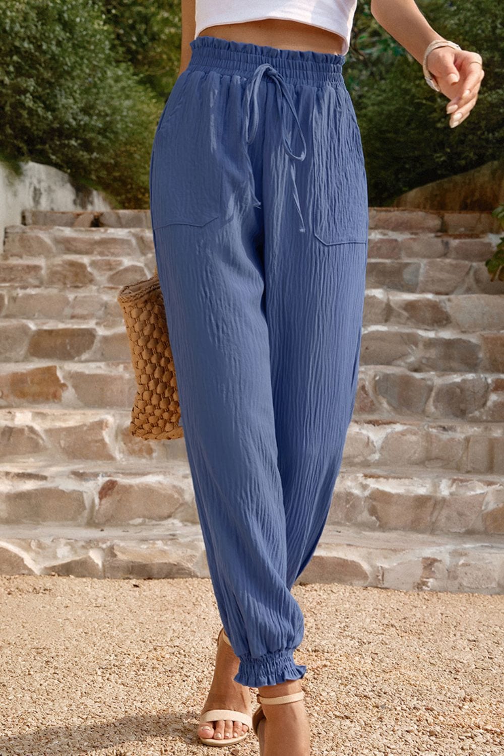 Textured Smocked Waist Pants with Pockets - Runway Frenzy