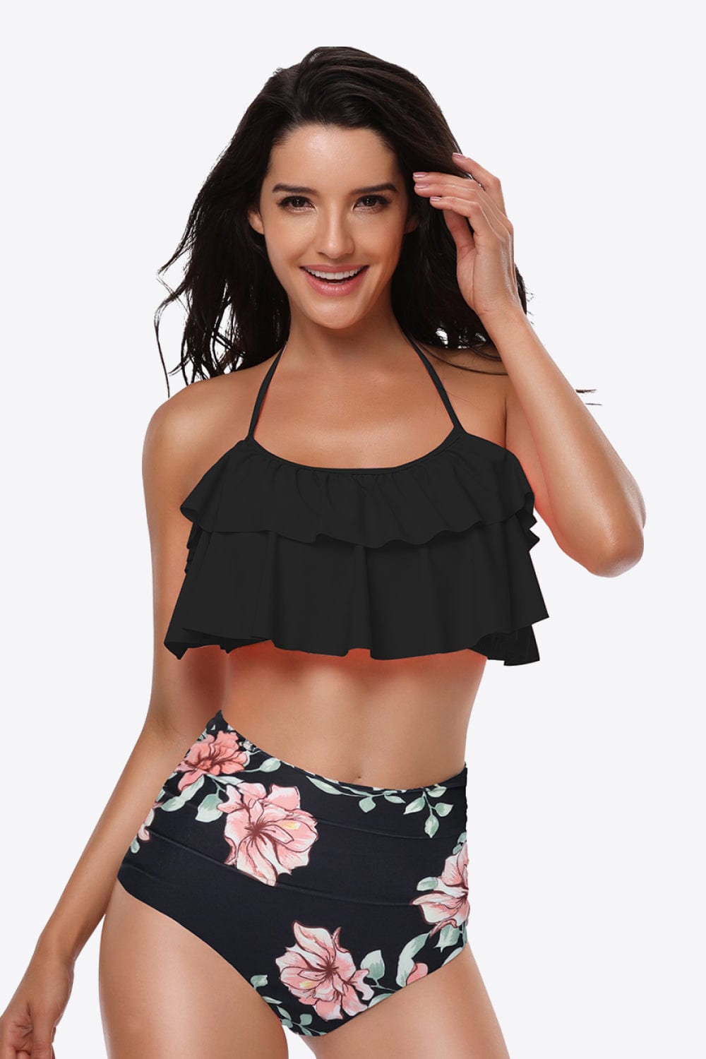 Two-Tone Ruffled Halter Neck Two-Piece Swimsuit - Runway Frenzy 