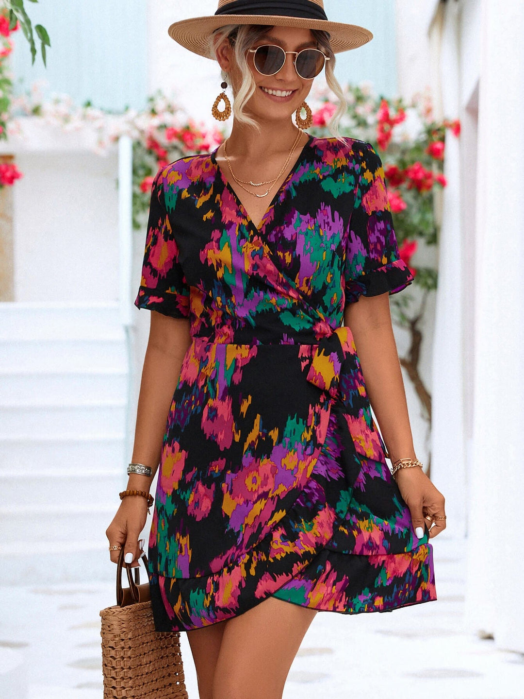 Printed Flounce Sleeve Tied Dress - Runway Frenzy 