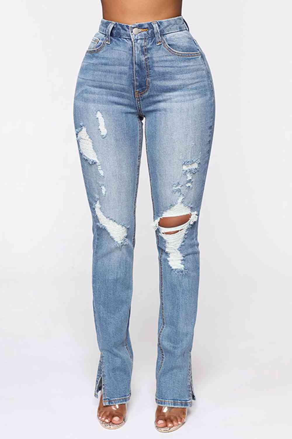 Distressed Slit Jeans Trendsi