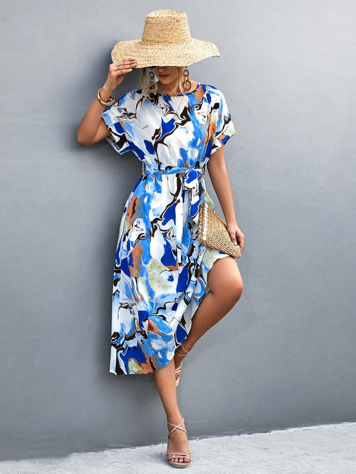 Round Neck Short Sleeve Tie Waist Midi Dress - Runway Frenzy 