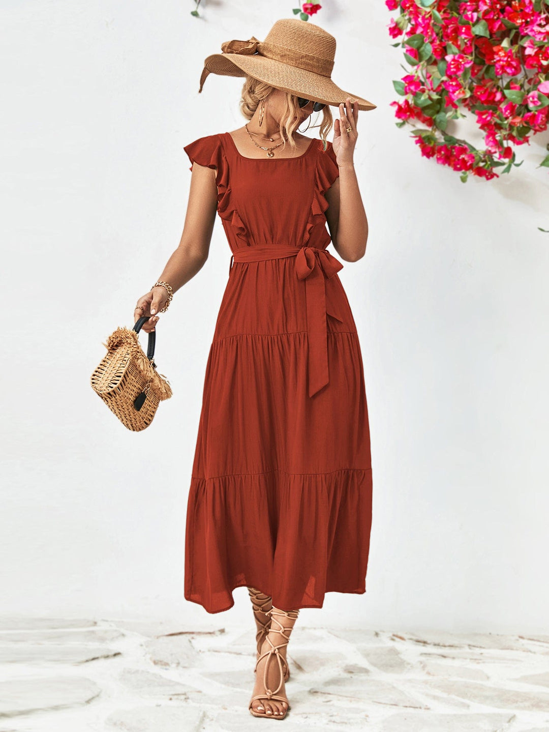 Tie Belt Ruffled Tiered Dress - Runway Frenzy 