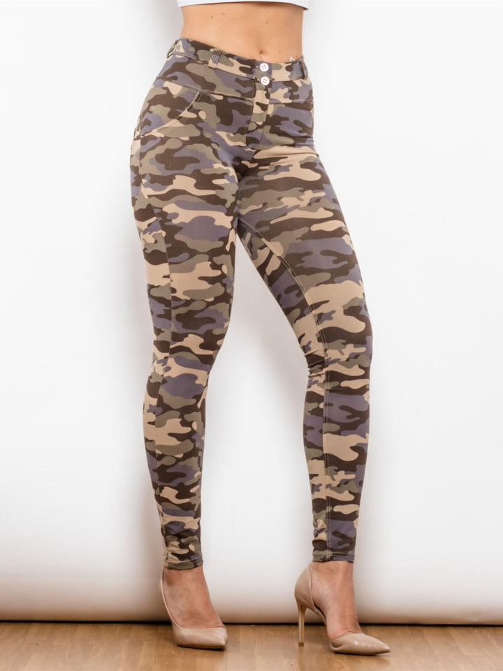 Full Size Camouflage Buttoned Leggings - Runway Frenzy