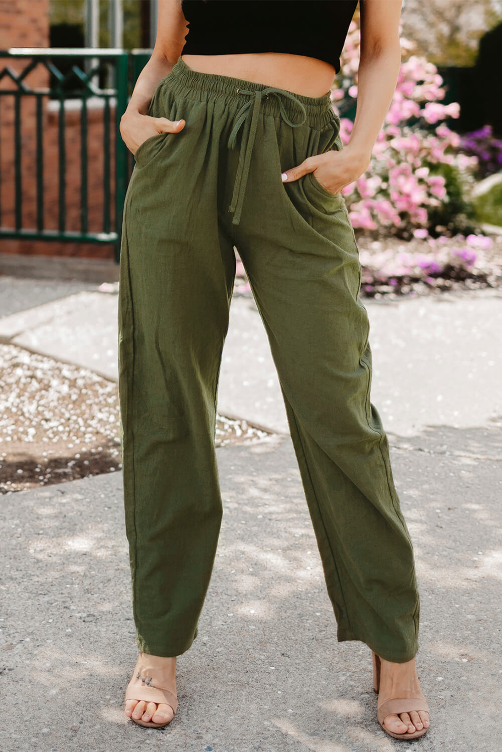 Drawstring Elastic Waist Pants with Pockets - Runway Frenzy