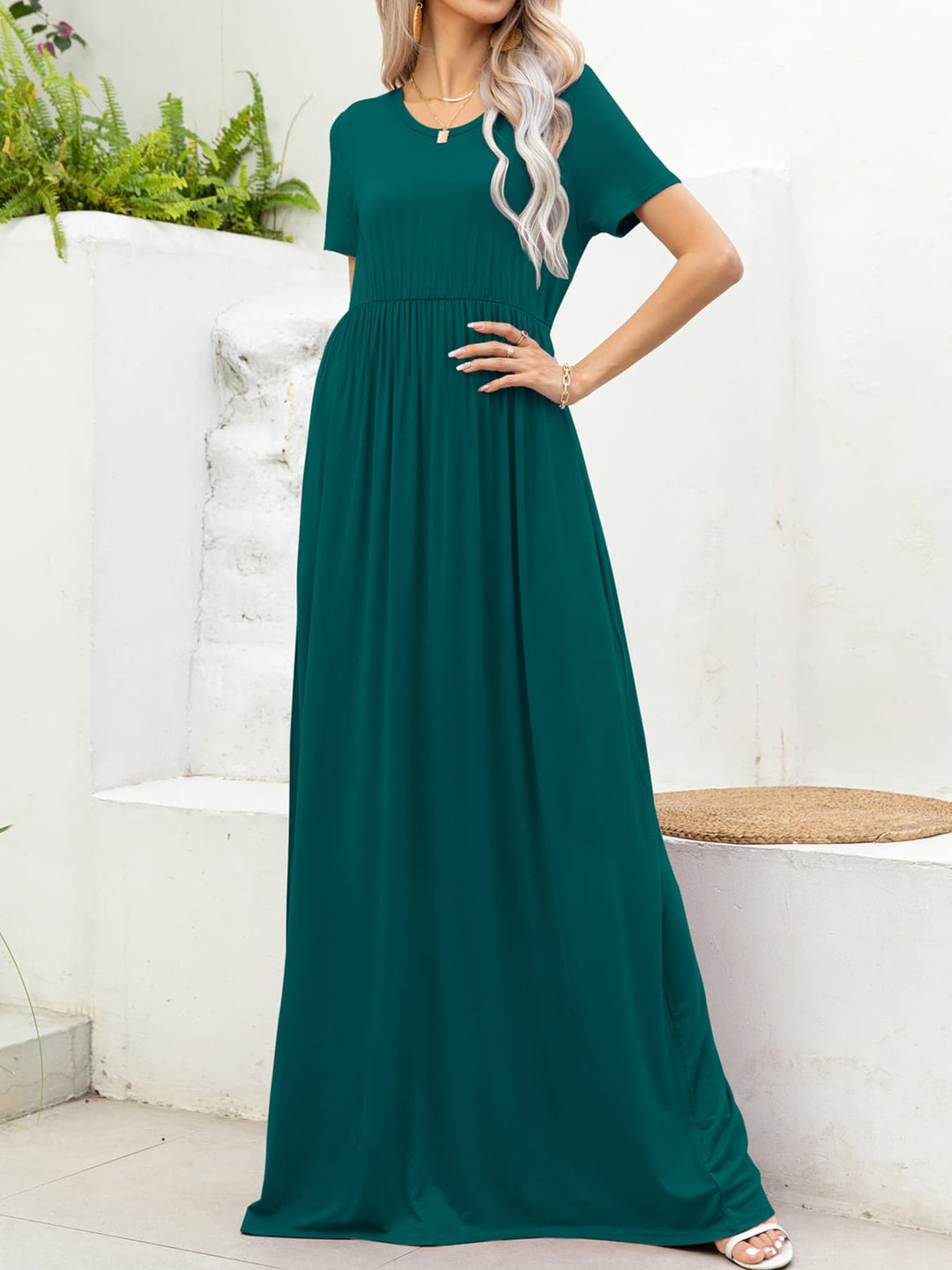 Round Neck Short Sleeve Maxi Dress with Pockets - Runway Frenzy 