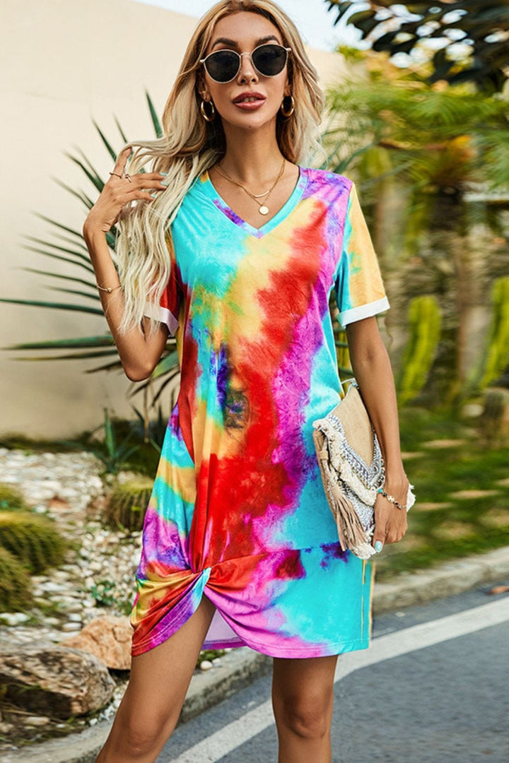 Twisted V-Neck Short Sleeve Dress - Runway Frenzy 