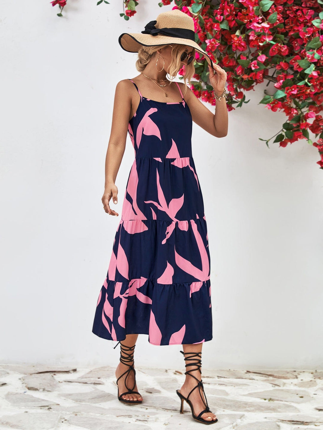 Printed Spaghetti Strap Tiered Midi Dress - Runway Frenzy