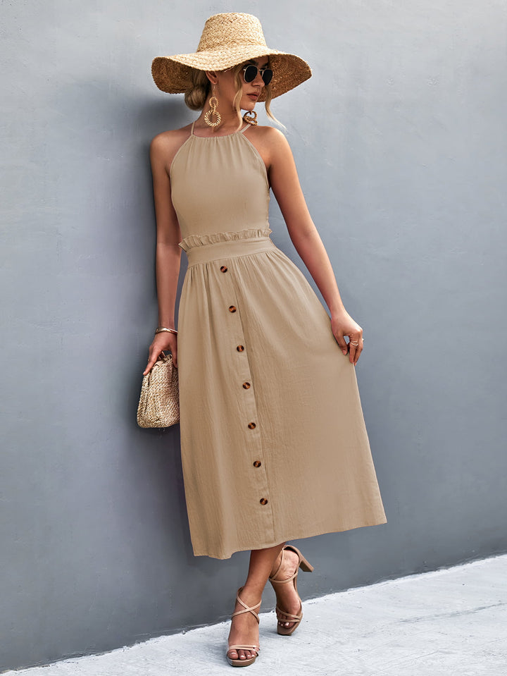 Buttoned Halter Neck Frill Trim Midi Dress - Runway Frenzy